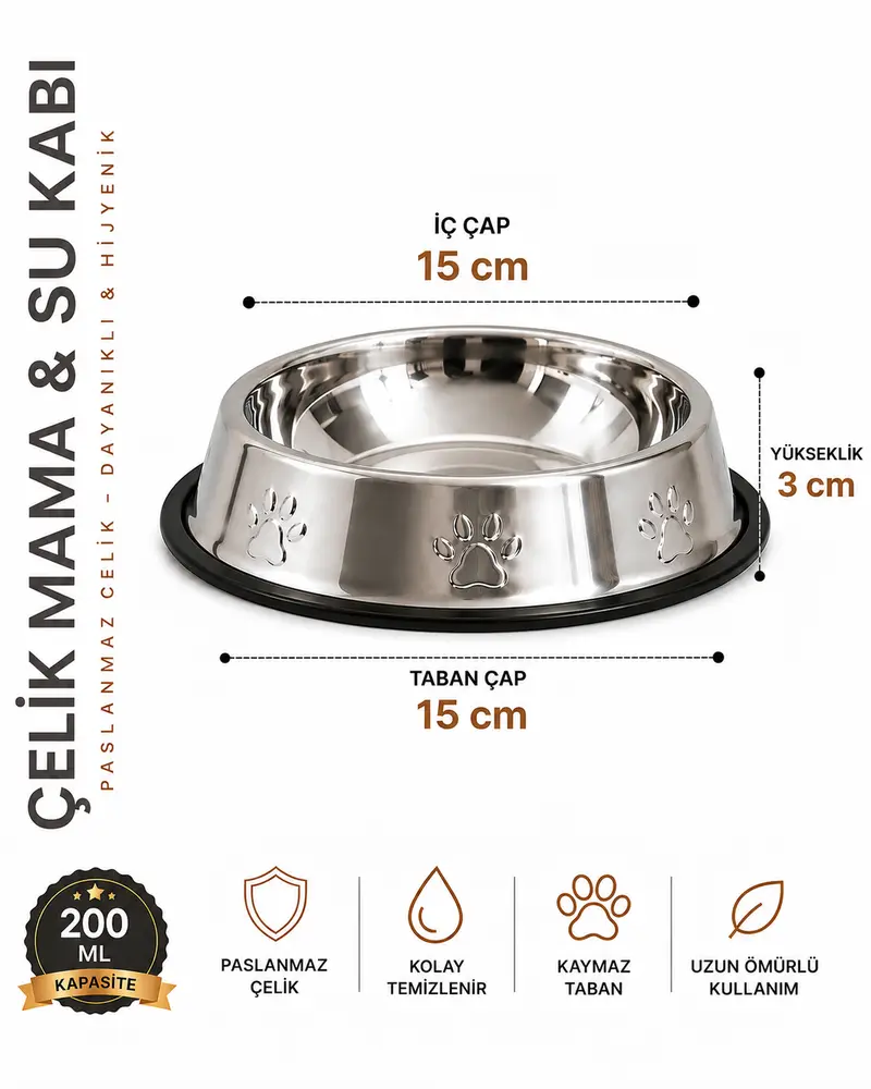 Karamelpet Pati Desenli Çelik ve Su Kabı 6 Oz 200 ml 15 cm