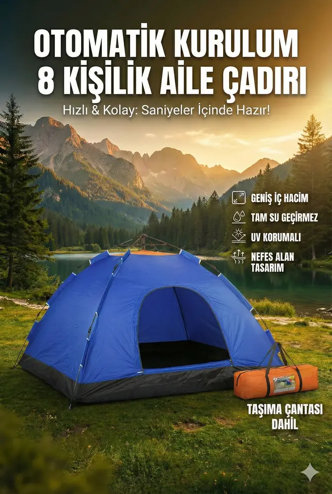 Otomatik Kurulumlu Kamp Çadırı 8 Kişilik (250x250x165) cm 2