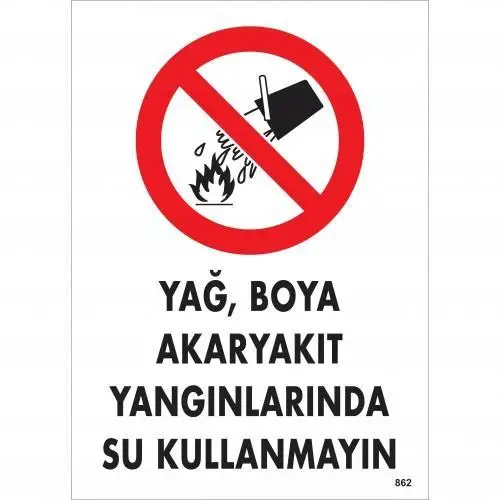 Yağ Boya Akkıt Yağlarında Su Kullanmayın Uyarı Levhası 25x35 KOD:862