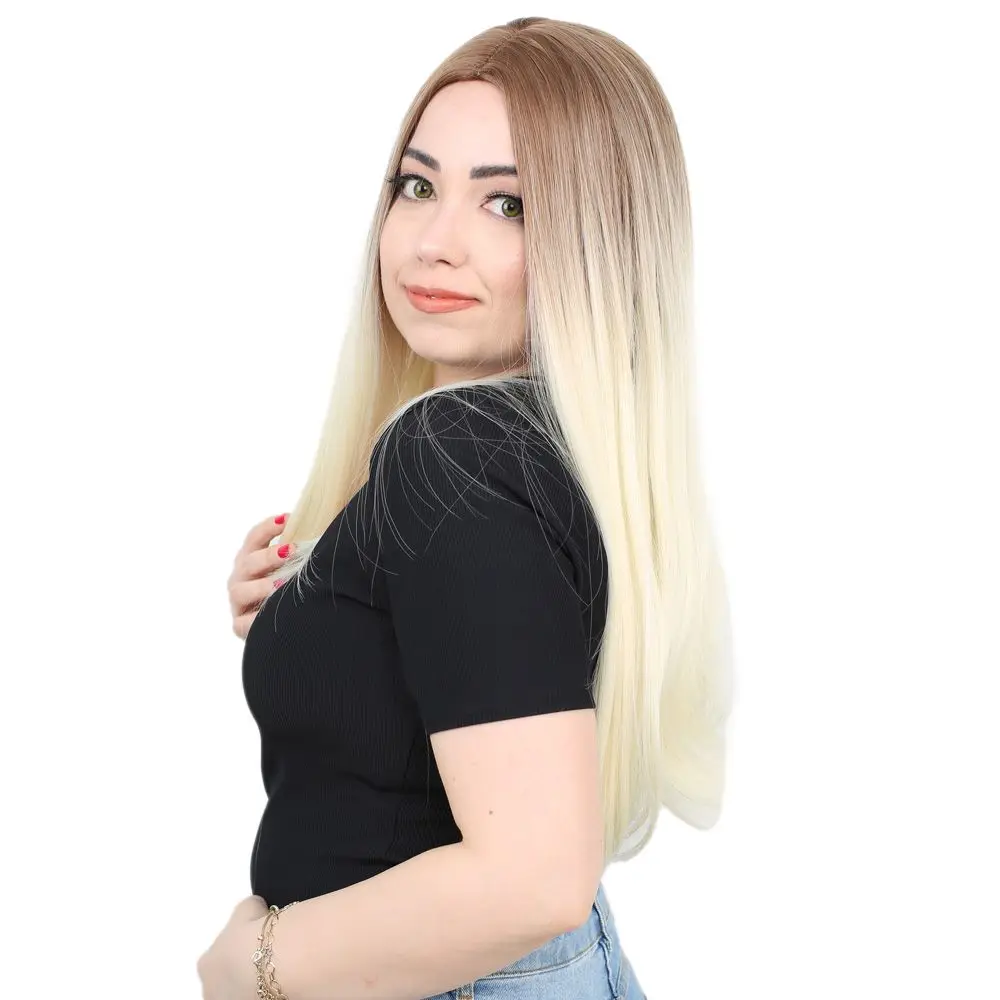 Fiber Sen Uzun Düz Peruk / Kumral / Platin Ombreli 3