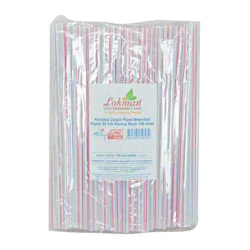 Körüklü Çizgili Pipet Ayran Kola Meşrubat Pipeti 22 Cm  Renk 150 Adet Paket
