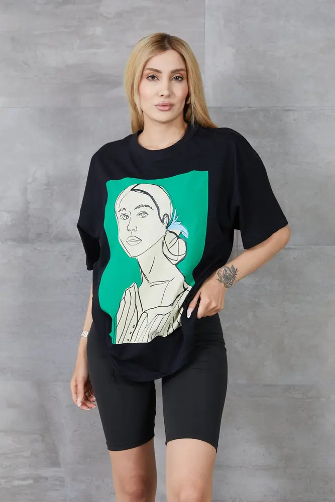 Kadın Silüet Baskılı Bisiklet Yaka Oversize T-shirt 4