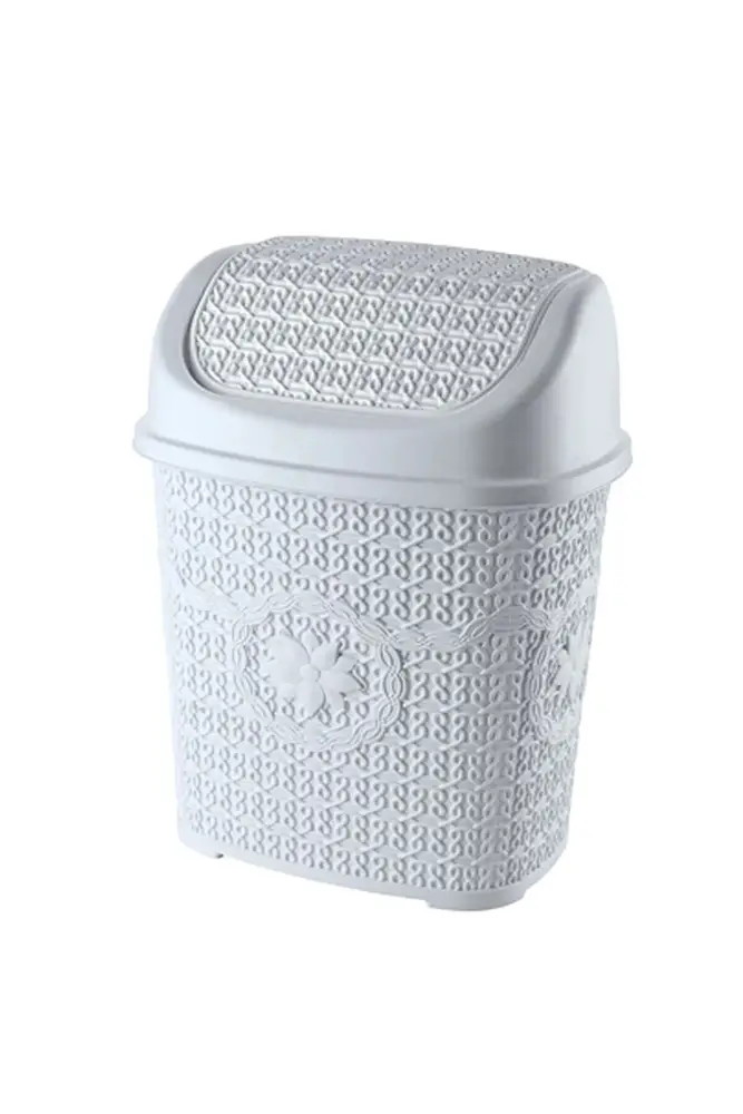 5 Parça Örgü Desenli Plastik Banyo Seti Çamaşır Sepeti Deterjanlık Çöp Kovası Klozet Fırçası - Mor 5