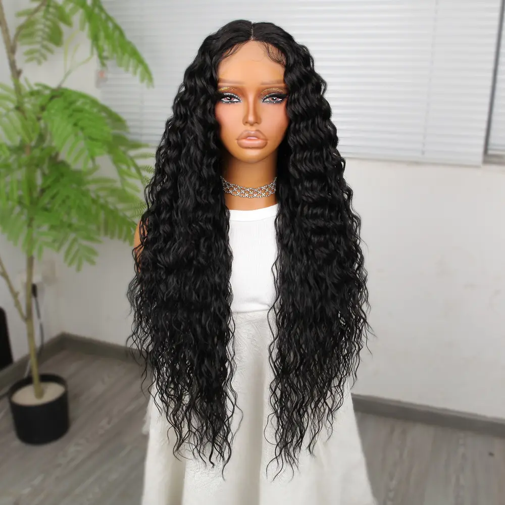 Ekstra Uzun Yoğun Afro Daa Siyah Fiber Sen Geniş T Tül Peruk 2