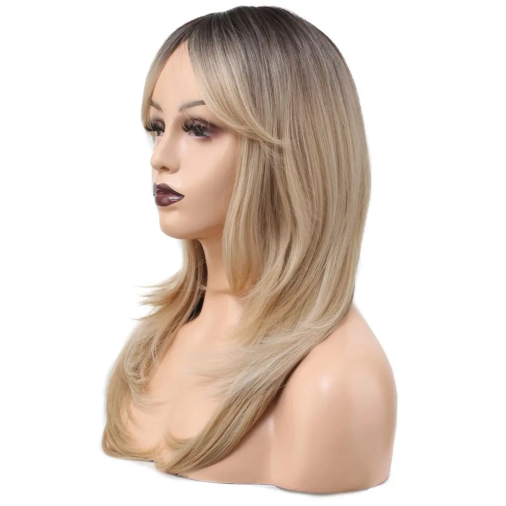 Katlı Kesim Perçemli Düz Fiber Sen Orta Boy Peruk / Kahve / Platin Ombre ve Röfleli 5