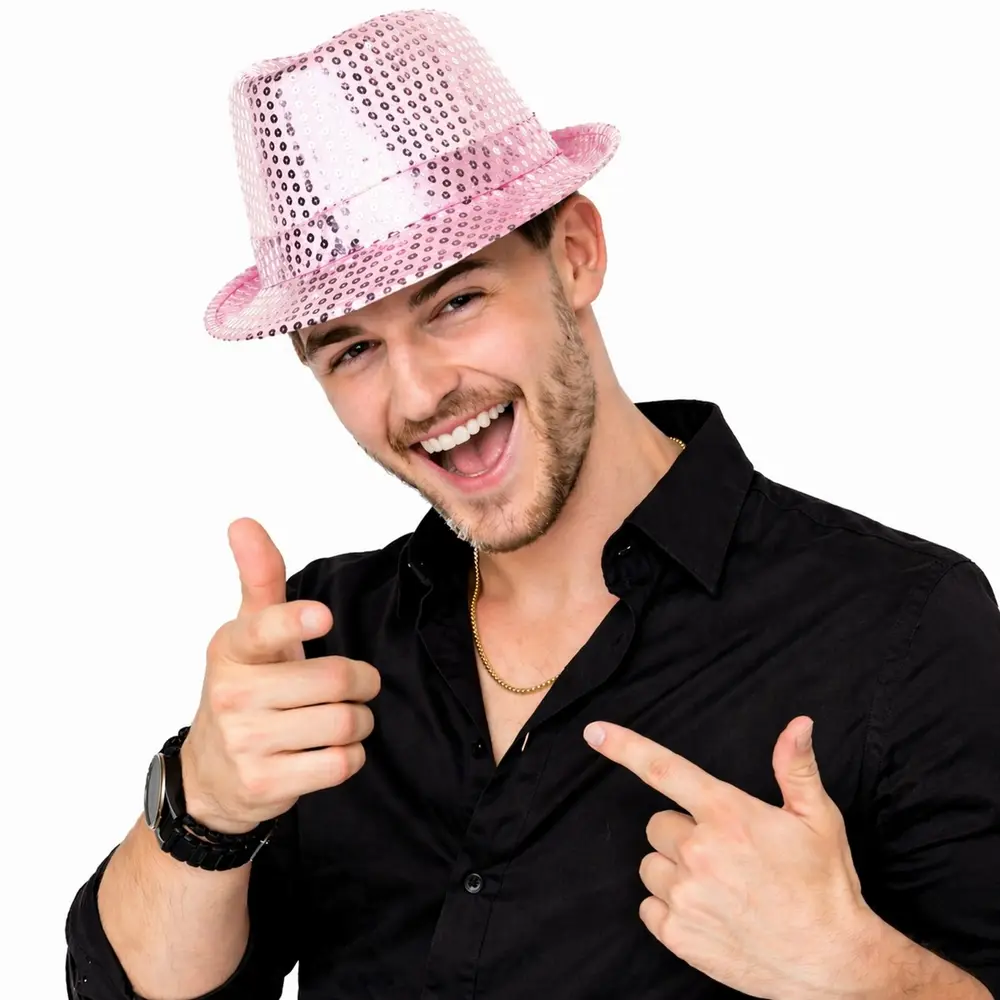 Pembe Payetli Disco Parti Şapkası Yetişkin Işıltılı Fötr Model 3
