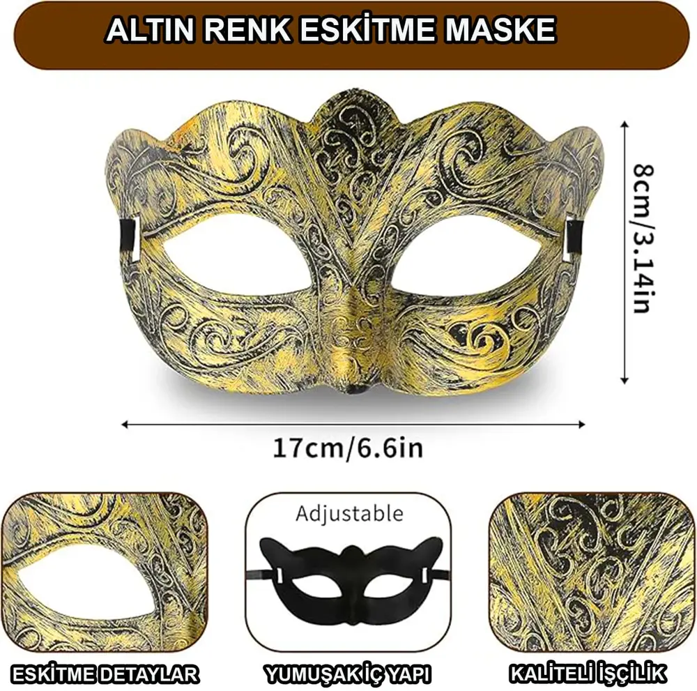 Altın Renk Eskitme Maskeli B Maskesi – Venedik Tarzı Parti Maskesi 2