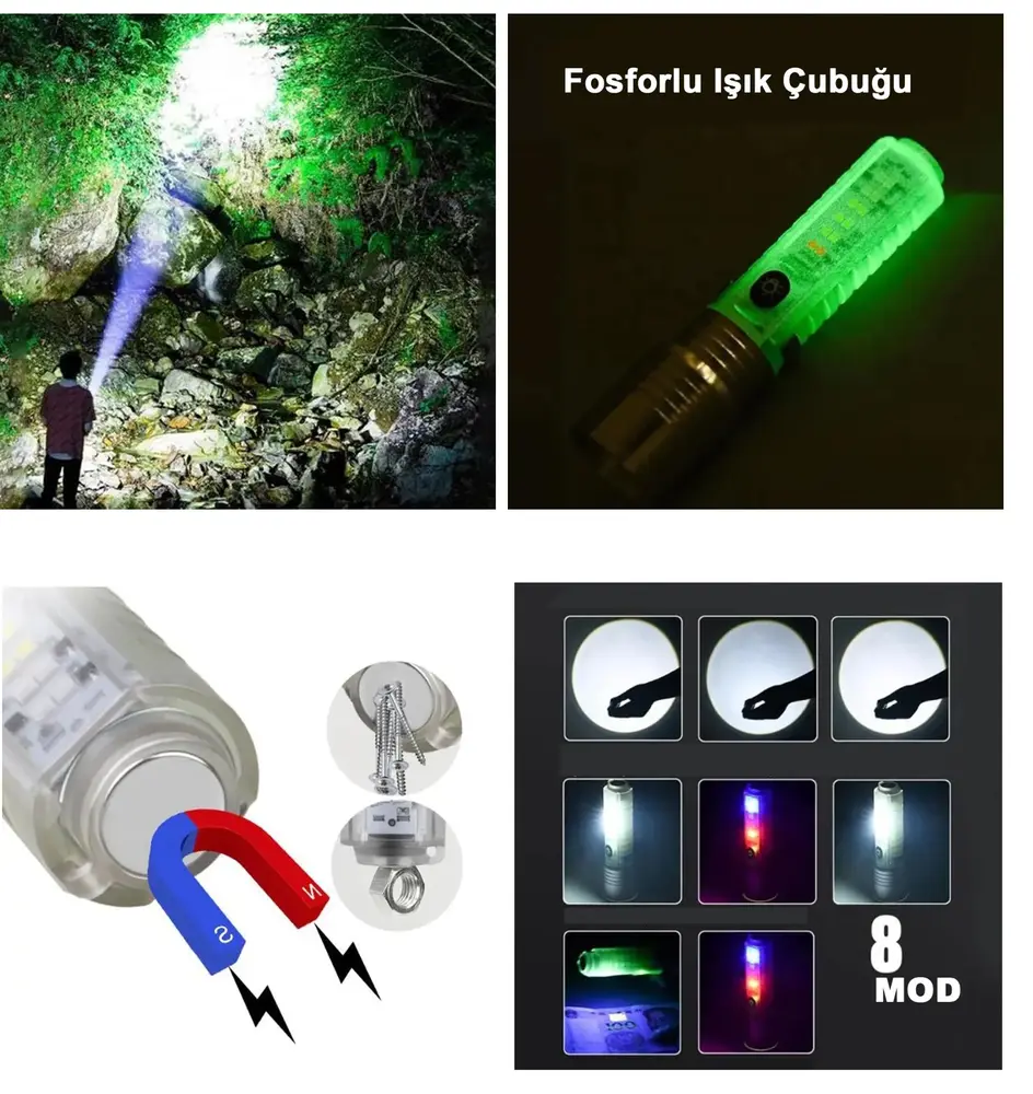 El Feneri 8 Mod Şarjlı Fosforlu Mıknatıslı Led El Feneri 2