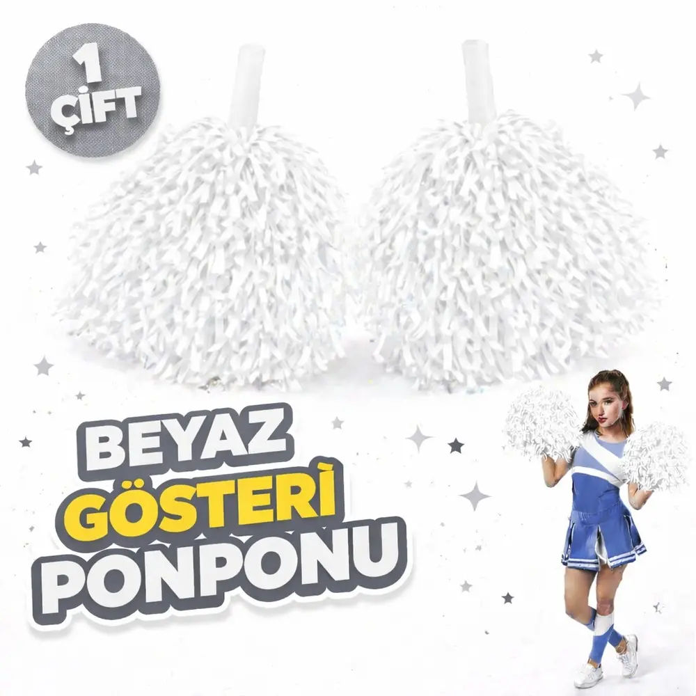 1 Çift ( 2 Adet ) Beyaz Renk 23 Nisan 19 Mayıs 29 Ekim Okul Gösteri Ponponları Ekstra Doun