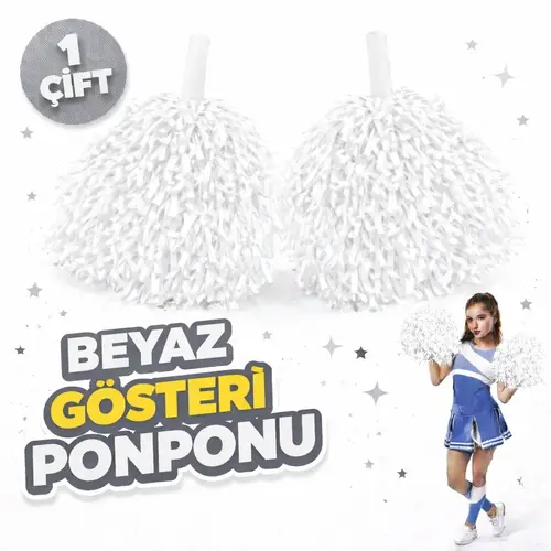1 Çift ( 2 Adet ) Beyaz Renk 23 Nisan 19 Mayıs 29 Ekim Okul Gösteri Ponponları Ekstra Doun
