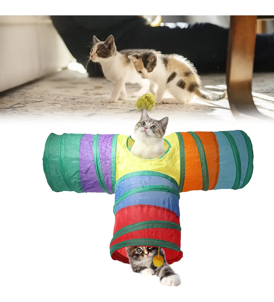 Gökkuşağı Desenli T Model Kedi Oyun Tüneli, Katlanabilir 50 x 75 cm 4