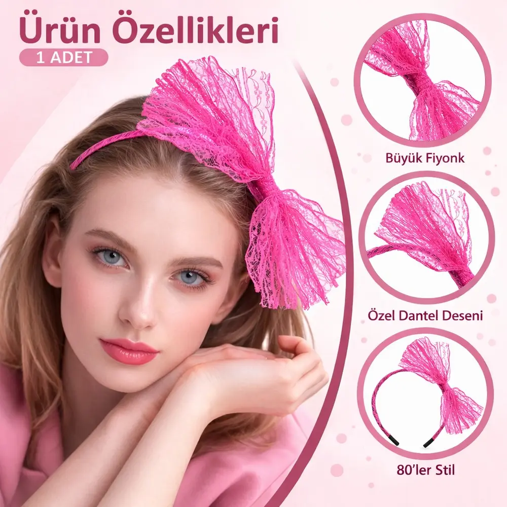 80’ler 90’lar Neon Pembe Dantel Taç Fiyonklu 3