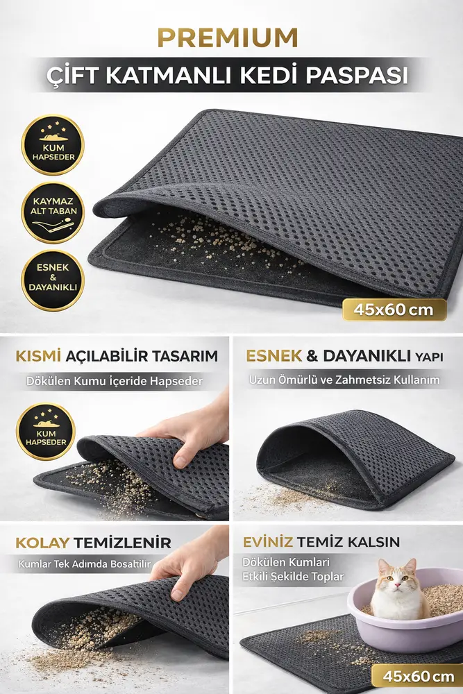 Kedi Elekli Tuvalet Önü Kum Tutucu Paspas 45 cm - 60 cm Gri 5