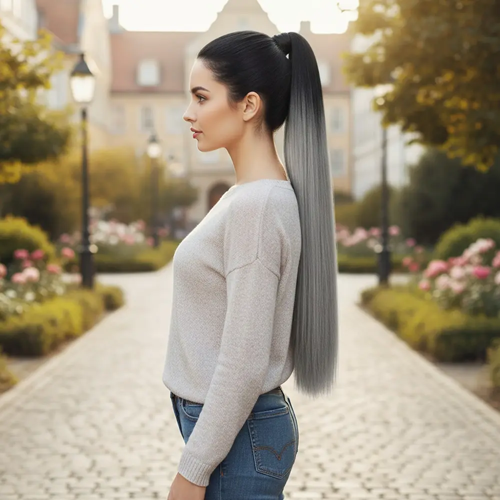 Lastik Tokalı At Kuyruğu Düz / Siyah / Gri Ombre 2