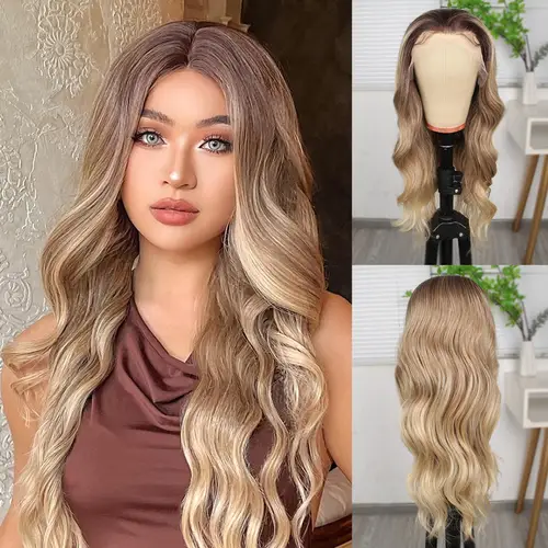 Kumral Dore Sarı Ombre  ve Röfleli Fiber Sen Geniş Daalı Tül Peruk