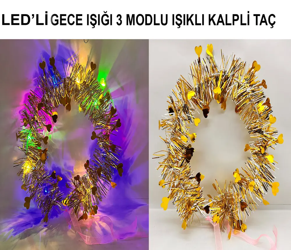Kalp Püsküllü Gece Parıltısı 3 Modlu LED'li Işıklı Taç Altın Renk 2