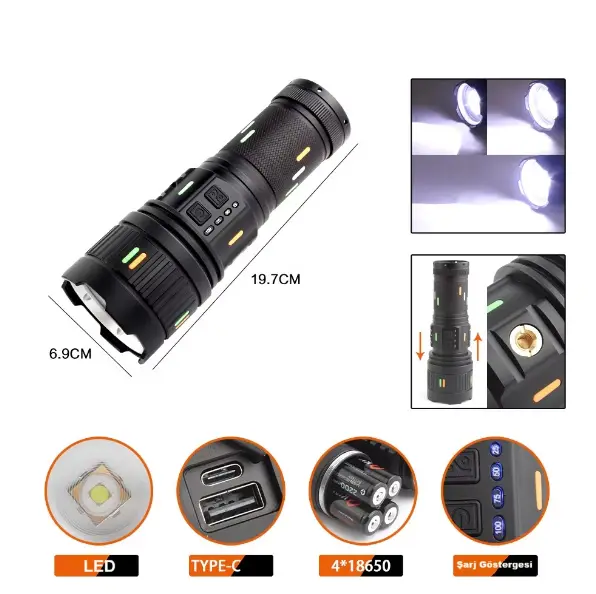 F.B.I Pro F-3001 Alüminyum TG LED Güç Göstergeli Type-C Şarjlı El Feneri 100 W 3