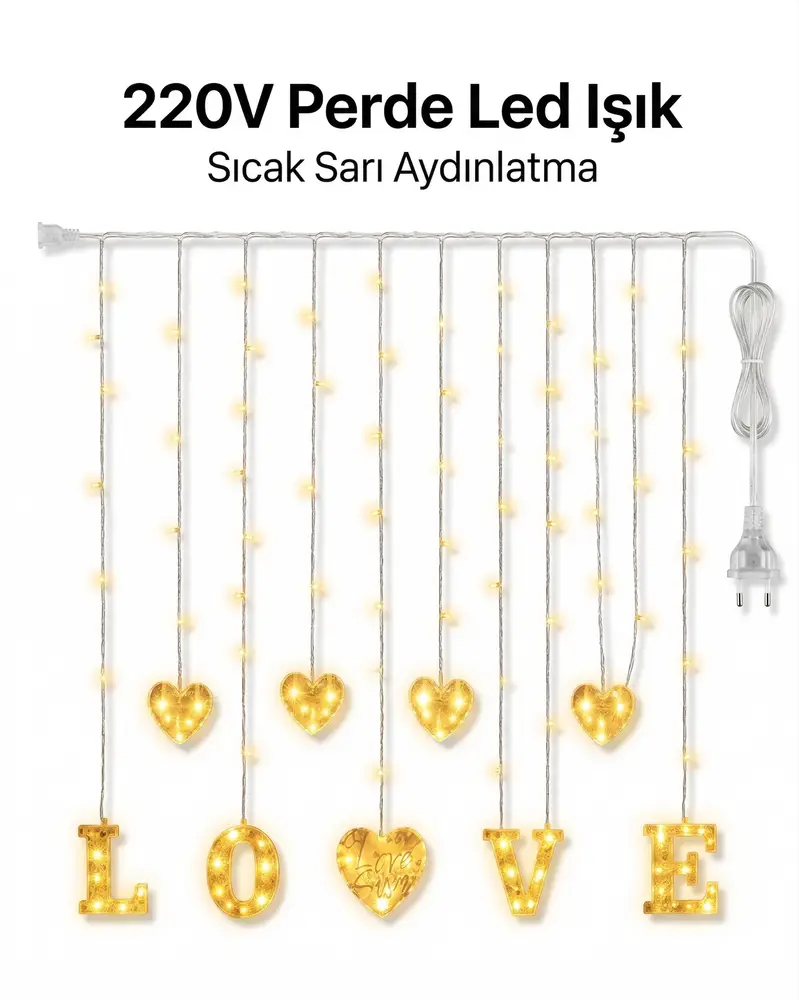 3 Metre Perde Led Işık - 8 Modlu Kalp ve LOVE Figürlü Dekoratif Animasyonlu Led