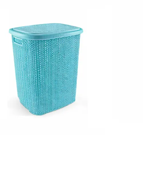 Kirli Çamaşır Sepeti Kapaklı 65 LT Örgü Desenli Plastik Çamaşır Sepeti Banyo Sepeti - Turkuaz 2