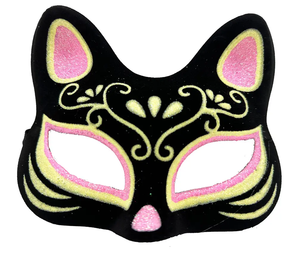 Siyah Renk Süet Kaplama Üzeri Pembe Sarı Simli Kedi Maskesi 17x14 cm 3