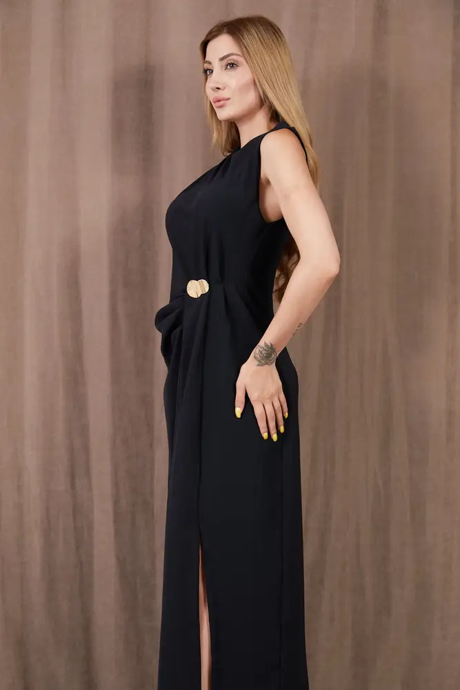 Kadın Kalın Askılı Yırtmaçlı Linda Kumaş Elbise 3