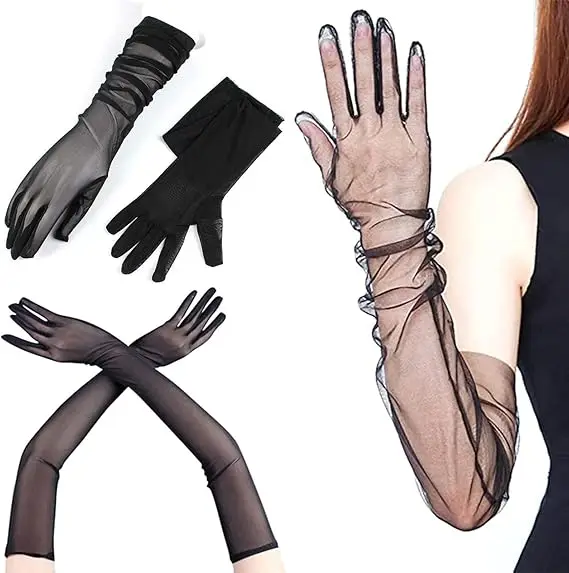Uzun Boy Likralı Siyah Renk Yetişkin Mega Tül Eldiven 53 cm 2
