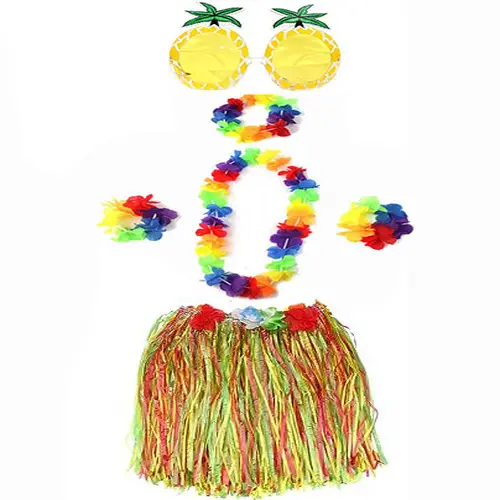 Yetişkin ve Çuk Uyumlu Luau ha Hawaii Rengarenk 40 cm Etek Ananas Şekilli Gözlük Hawaii Kolye Renkli Taç ve 2 Adet Bileklik Seti
