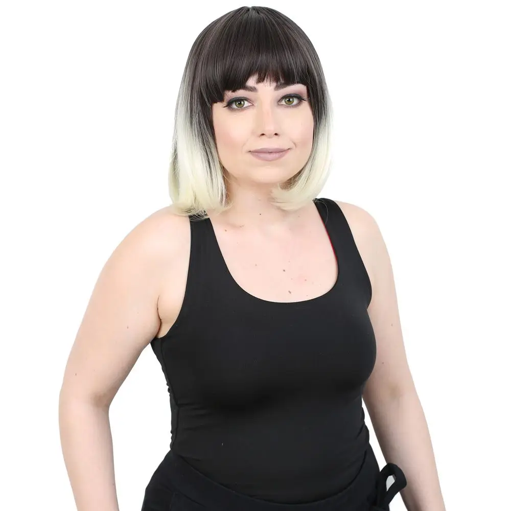 Kısa Küt Perçemli Fiber Sen Peruk / Küllü Siyah / Platin Ombreli