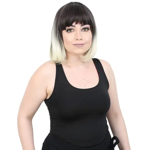 Kısa Küt Perçemli Fiber Sen Peruk / Küllü Siyah / Platin Ombreli