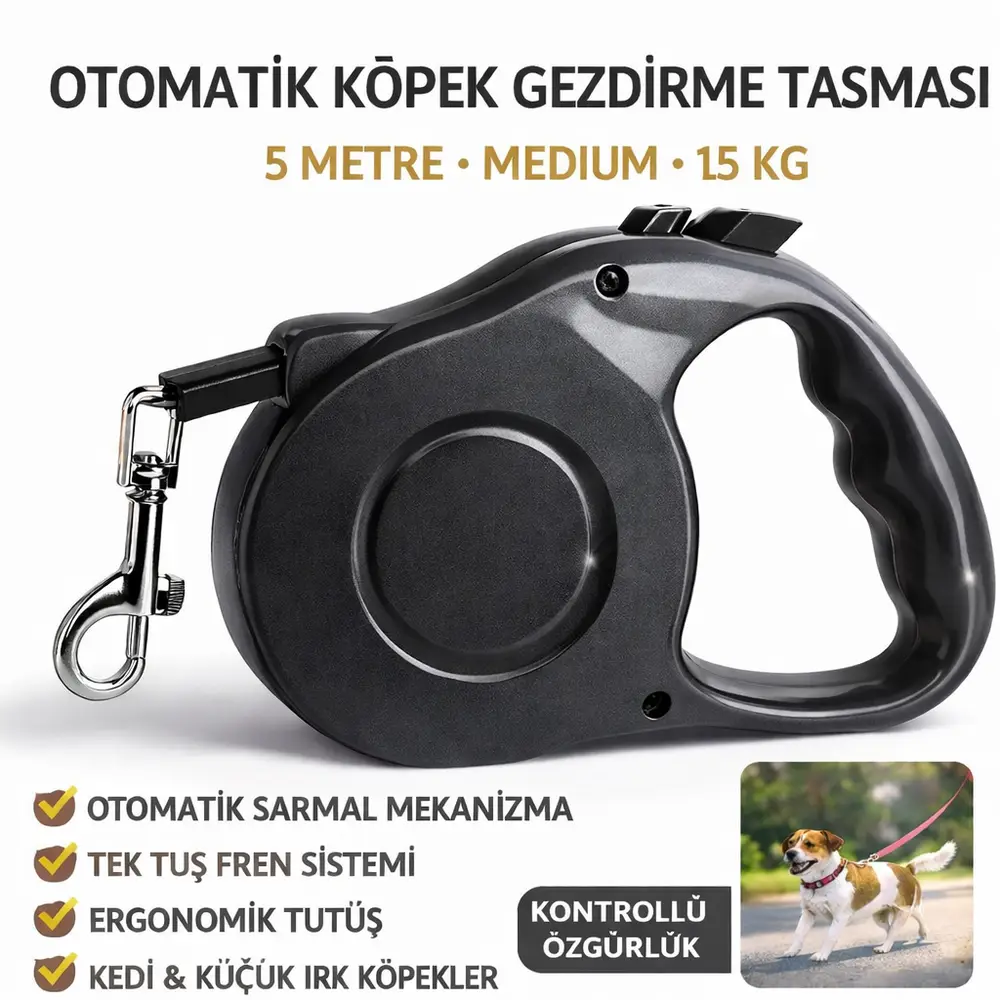 Karamel Otomatik Köpek Gezdirme Tasması Medium 5 Metre 15 kg Siyah