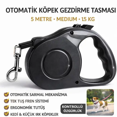 Karamel Otomatik Köpek Gezdirme Tasması Medium 5 Metre 15 kg Siyah