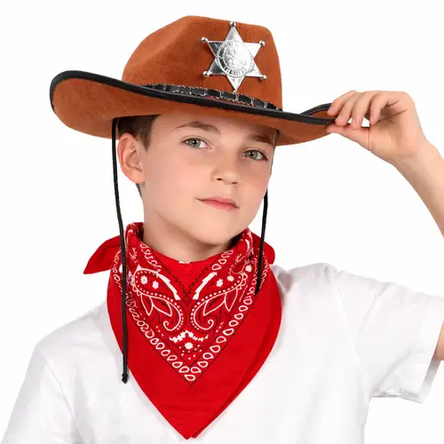 Çuk Kovboy Şapka Rozetli Kahverengi & Kırmızı Bandana Fular Seti