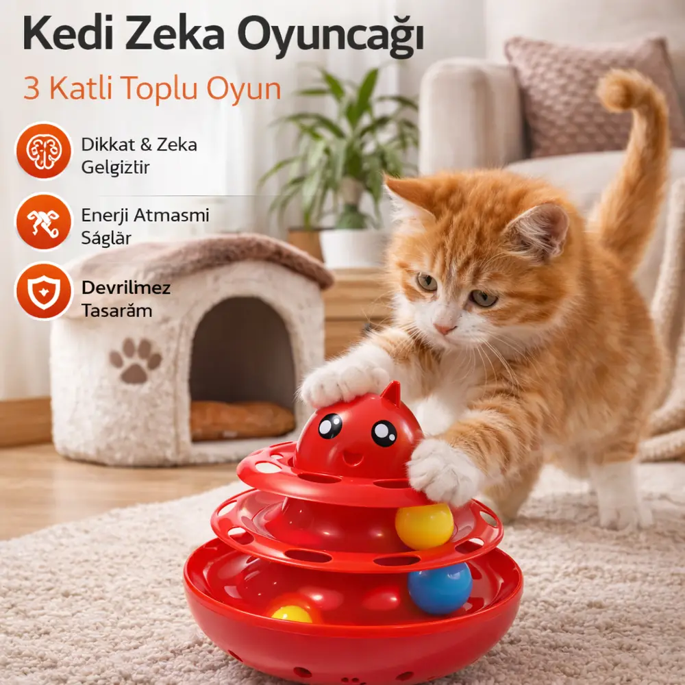 Hacıyatmaz Kedi Oyuncağı 3 Katlı Toplu Zeka Oyuncağı 20x21 cm – Devrilmez Interaktif Oyuncağı 7