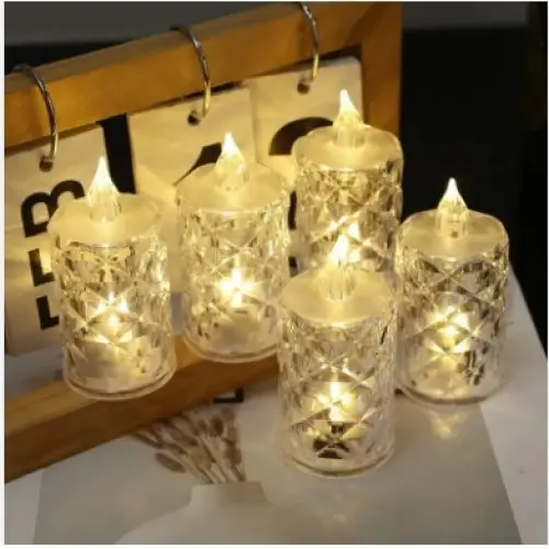 Led Mum Şeffaf Kristal LED Mum Pilli Alevsiz Çay Mumu Düğün Doğum Günü Ortam Işığı Midi 5