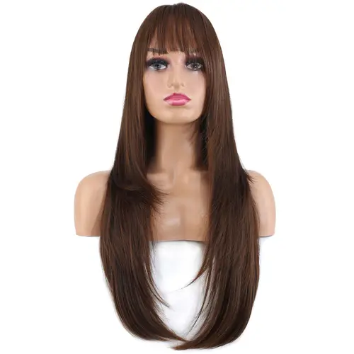 Katlı Kesim Perçemli Düz Fiber Sen Uzun Boy Peruk / Kahve Karamel