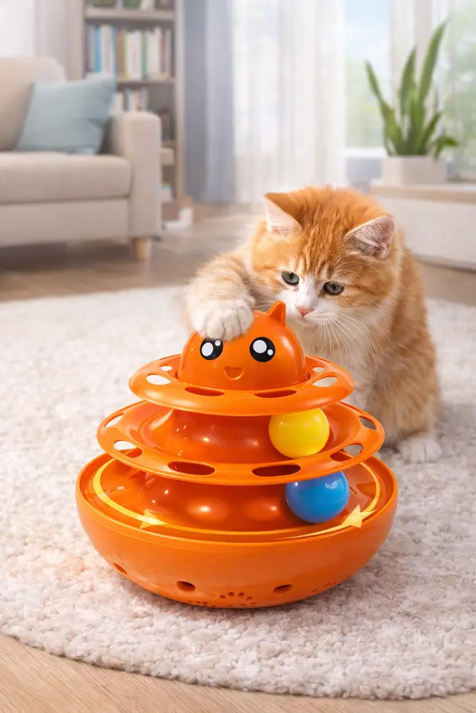 Hacıyatmaz Kedi Oyuncağı 3 Katlı Toplu Zeka Oyuncağı 20x21 cm – Devrilmez Interaktif Oyuncağı 5
