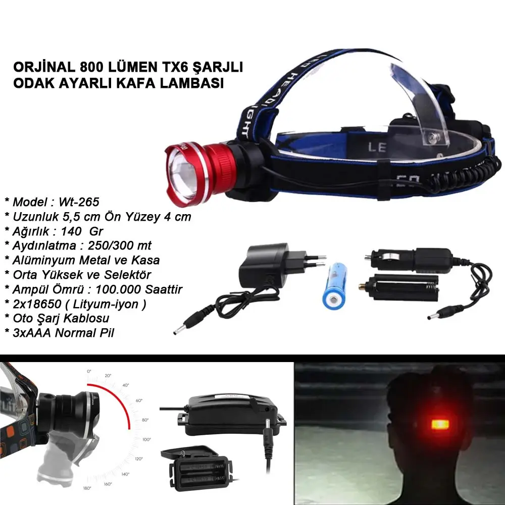 Orjinal 800 Lümen T6 Şarjlı Kafa Feneri Wt-265 2