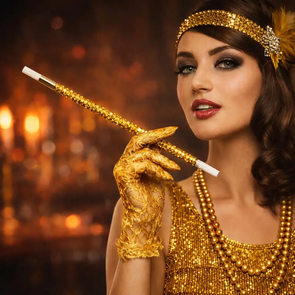 30 cm Altın Gold Payetli Sigara Tutacağı – 1920’ler Gatsby Parti Aksesuarı 3