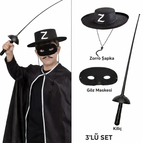 Zorro Kostüm Seti 3’lü Çuk – Şapka, Maske ve