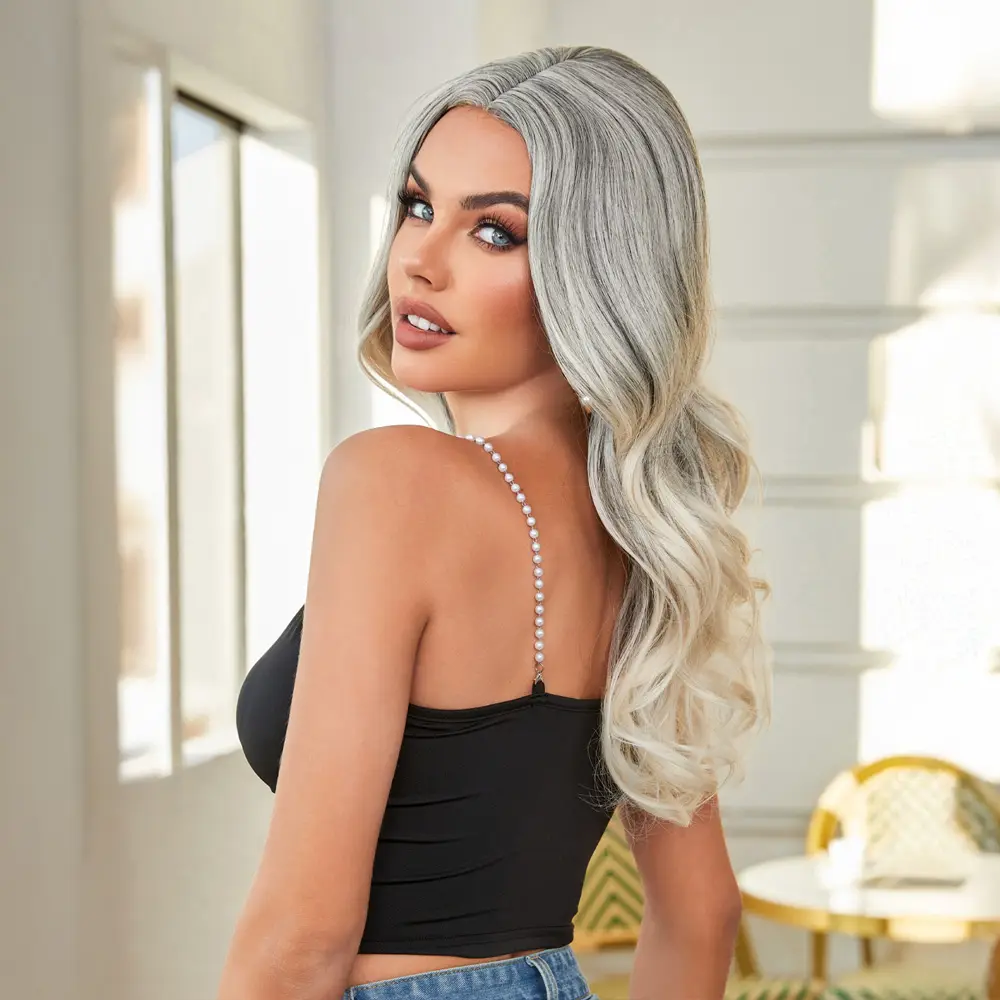Siyah Beyaz Platin Ombre ve Röfleli Tül Peruk 4