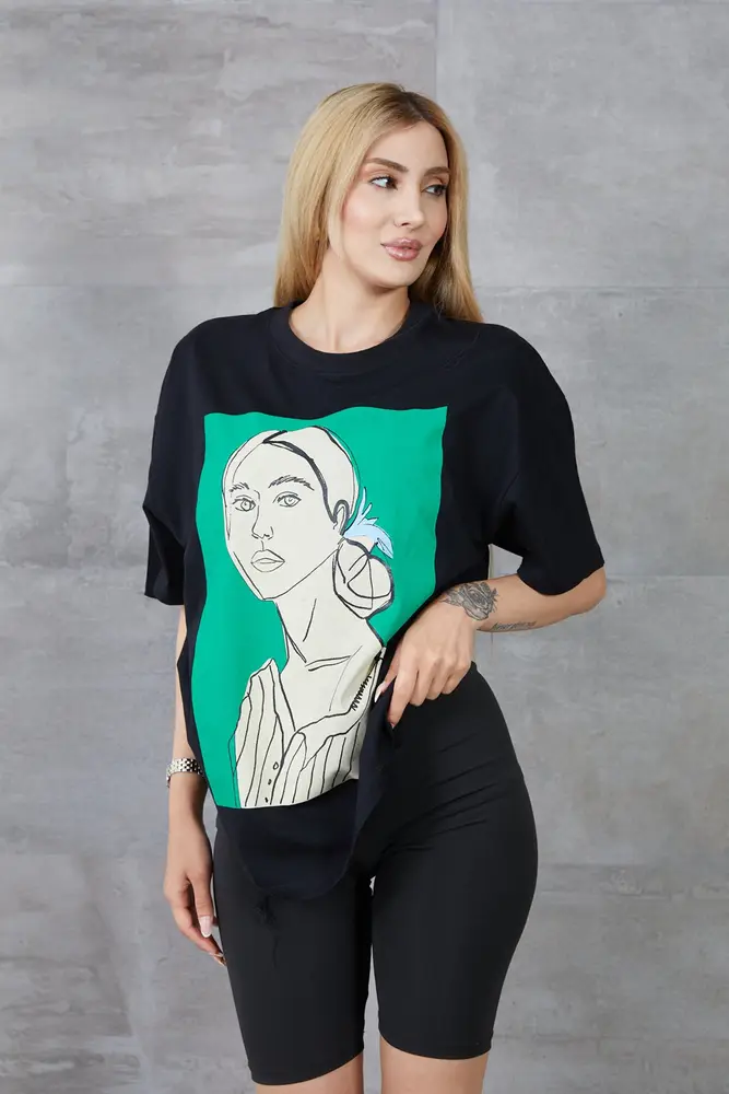 Kadın Silüet Baskılı Bisiklet Yaka Oversize T-shirt 2