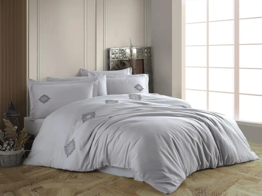 Çift Kişilik Poplin Premium Nakışlı Nevresim Azra Gri 3