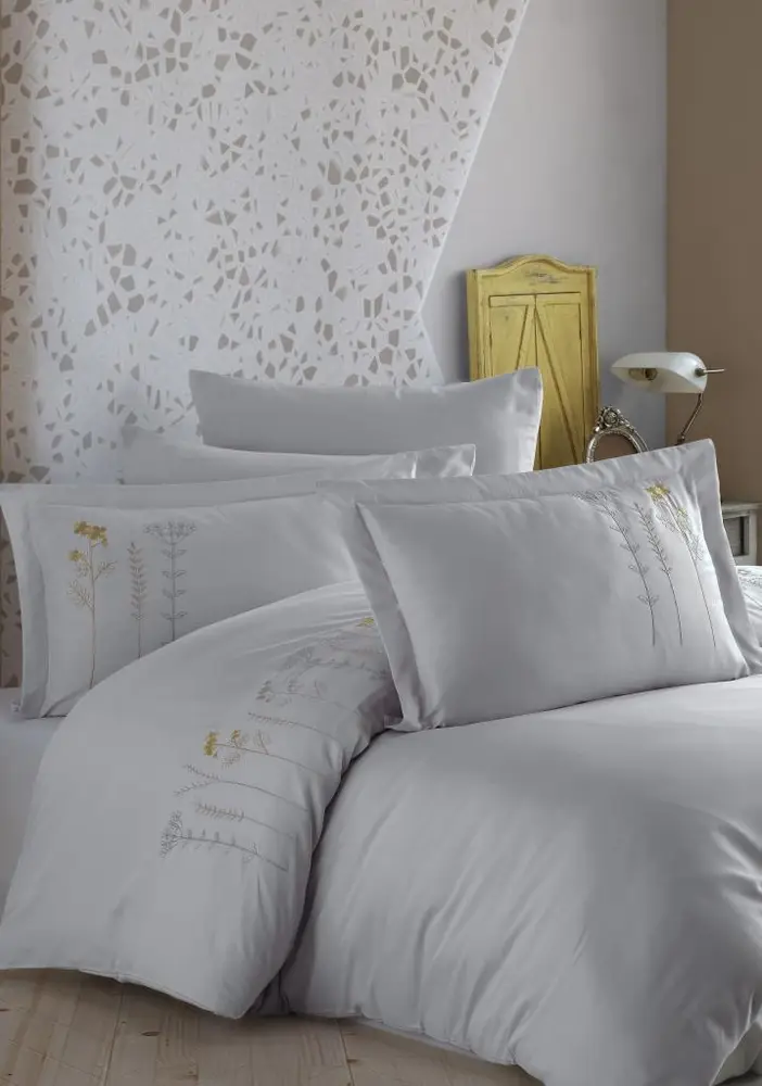 Çift Kişilik Poplin Premium Nakışlı Nevresim Diva Gri 4