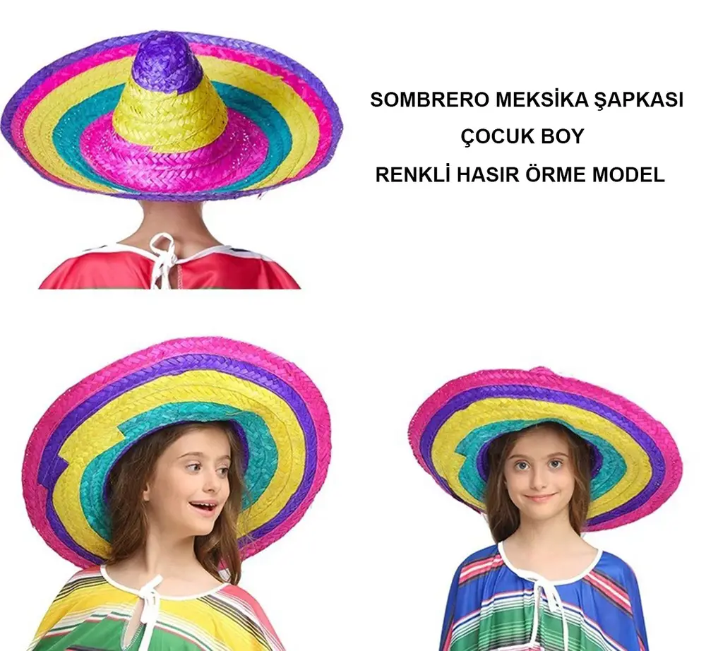 Sombrero Meksika Şapkası Renkli Örme Hasır Çuk Boy 5