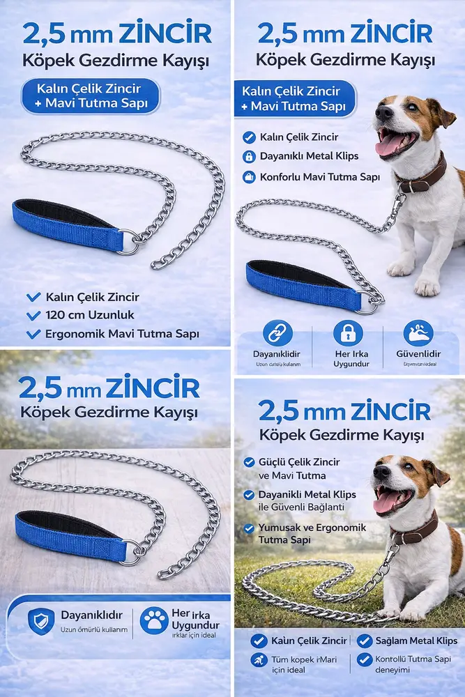 Zincir Köpek Gezdirme Kayışı Dalı Çelik & Ergonomik Tutma Saplı 2,5 mm-120 cm Mi 3