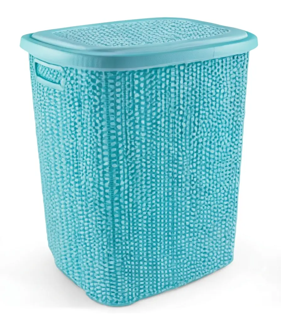 Kirli Çamaşır Sepeti Kapaklı 65 LT Örgü Desenli Plastik Çamaşır Sepeti Banyo Sepeti - Turkuaz