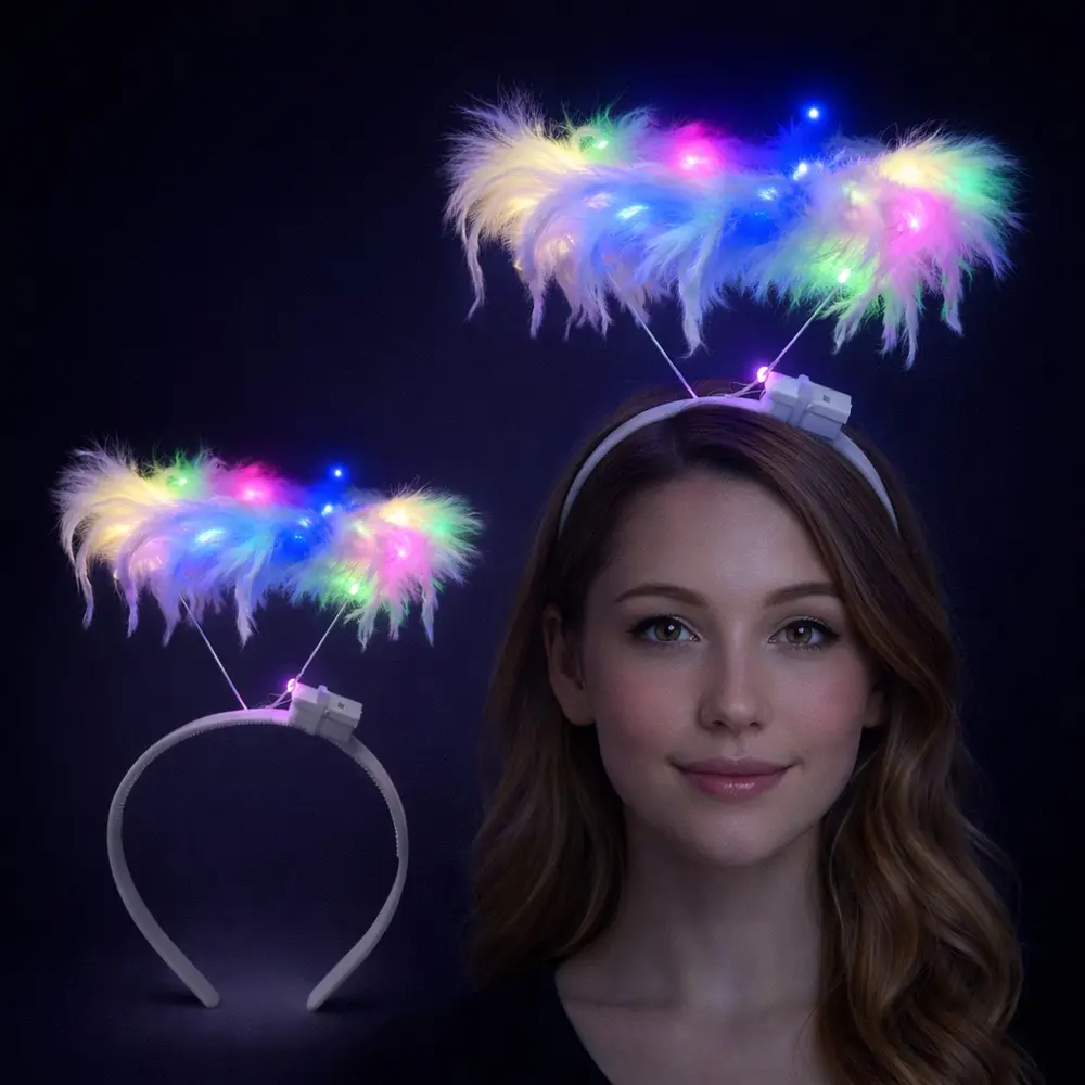 Renkli LED Işıklı Beyaz Tüylü Püsküllü Parti Tacı 2