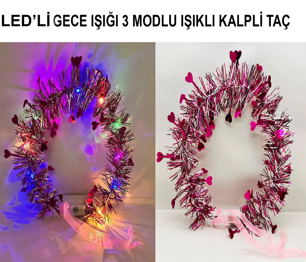 Kalp Püsküllü Gece Parıltısı 3 Modlu LED'li Işıklı Taç Fuşya Renk 3