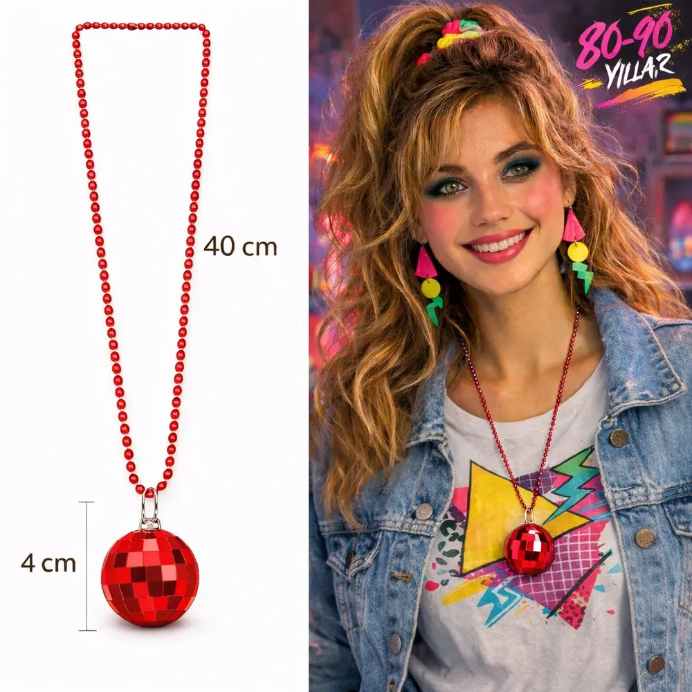 Retro Disko Topu Şekilli 80'ler 90'lar Kırmızı Renk Plastik Kolye 2
