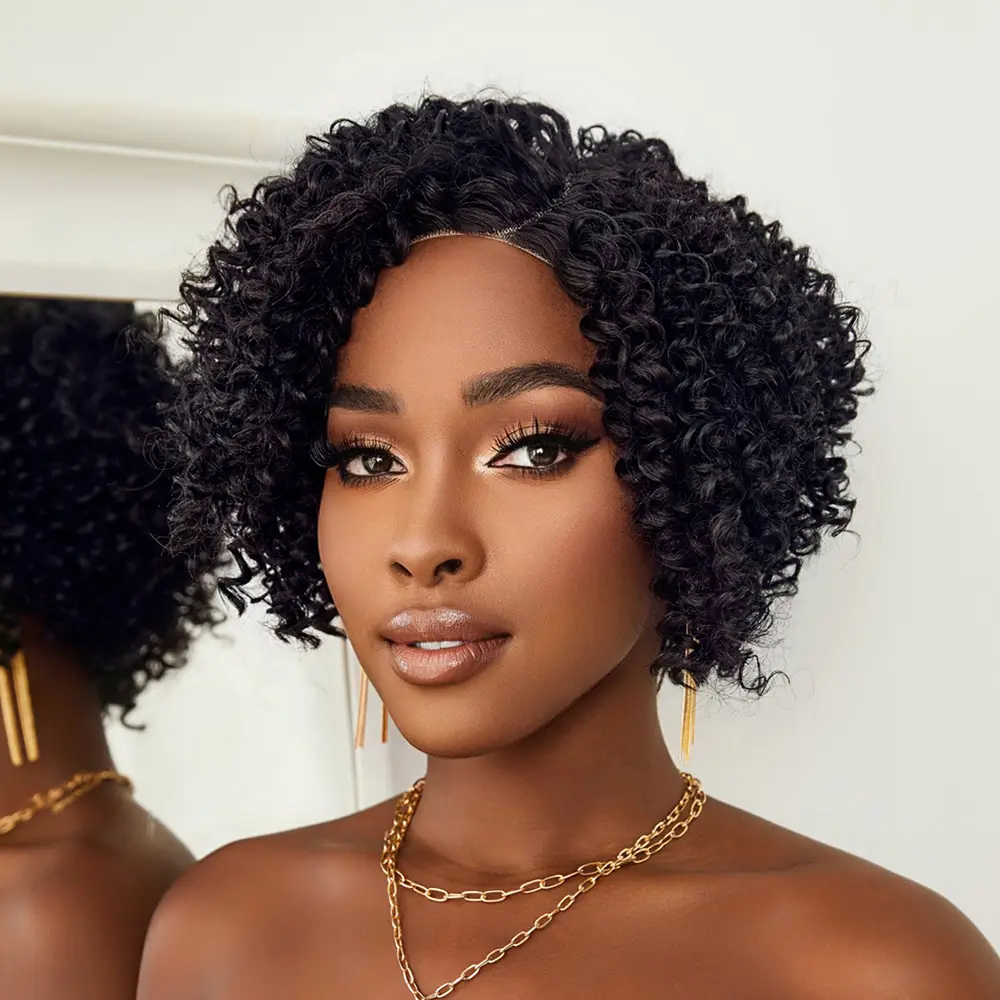 Siyah Kısa Afro Yan Tül Peruk 5